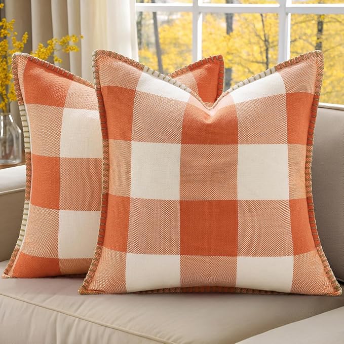 Set of 2 Buffalo Check Pillow Covers - 20x20, Orange