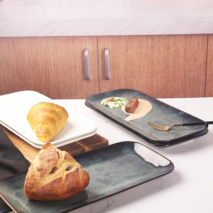 Set of 4 Rectangular Serving Platters - Blue reactive glaze, 12.7 Inch