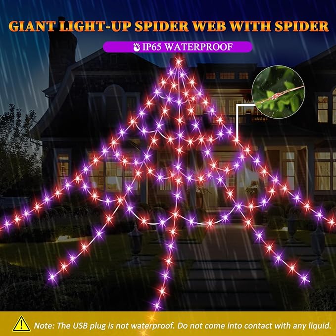 Halloween LED Lighted Spider Web - 16.4 ft Giant Halloween Decoration with 8 Lighting Modes, Orange &amp; Purple