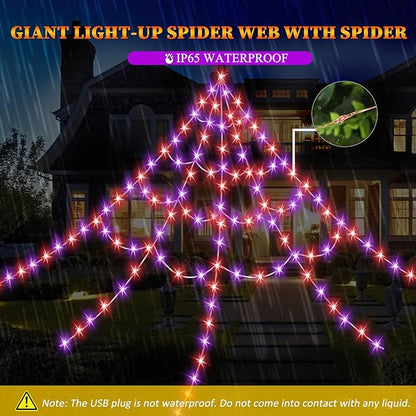 Halloween LED Lighted Spider Web - 16.4 ft Giant Halloween Decoration with 8 Lighting Modes, Orange &amp; Purple