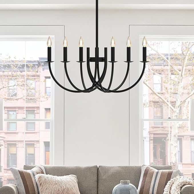 Deep Curved Black Round Candlabra Chandelier - 6 Lights