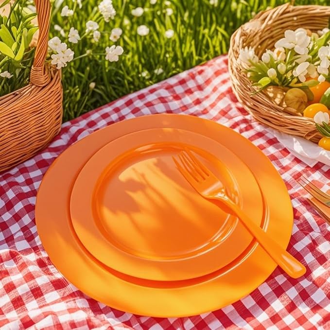 Set of 60 Heavy Duty Orange Plastic Plates Disposable for Halloween &amp; Thanksgiving Parties - Serves 30 Guests