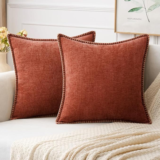 2 Pc Stitched Edge Soft Chenille Pillow Covers - 20 x 20 inch, Burnt Orange
