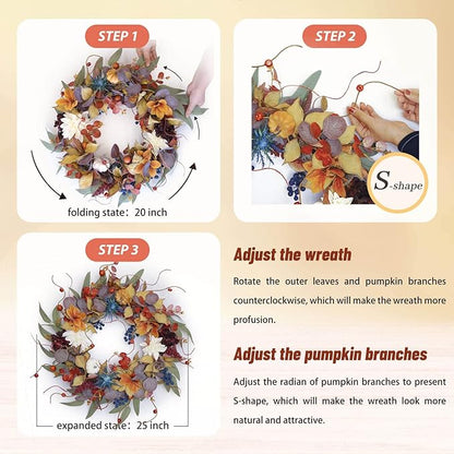 24 Inch Autumn Wreath with Pumpkins, Silk Leaves &amp; Purple Flowers