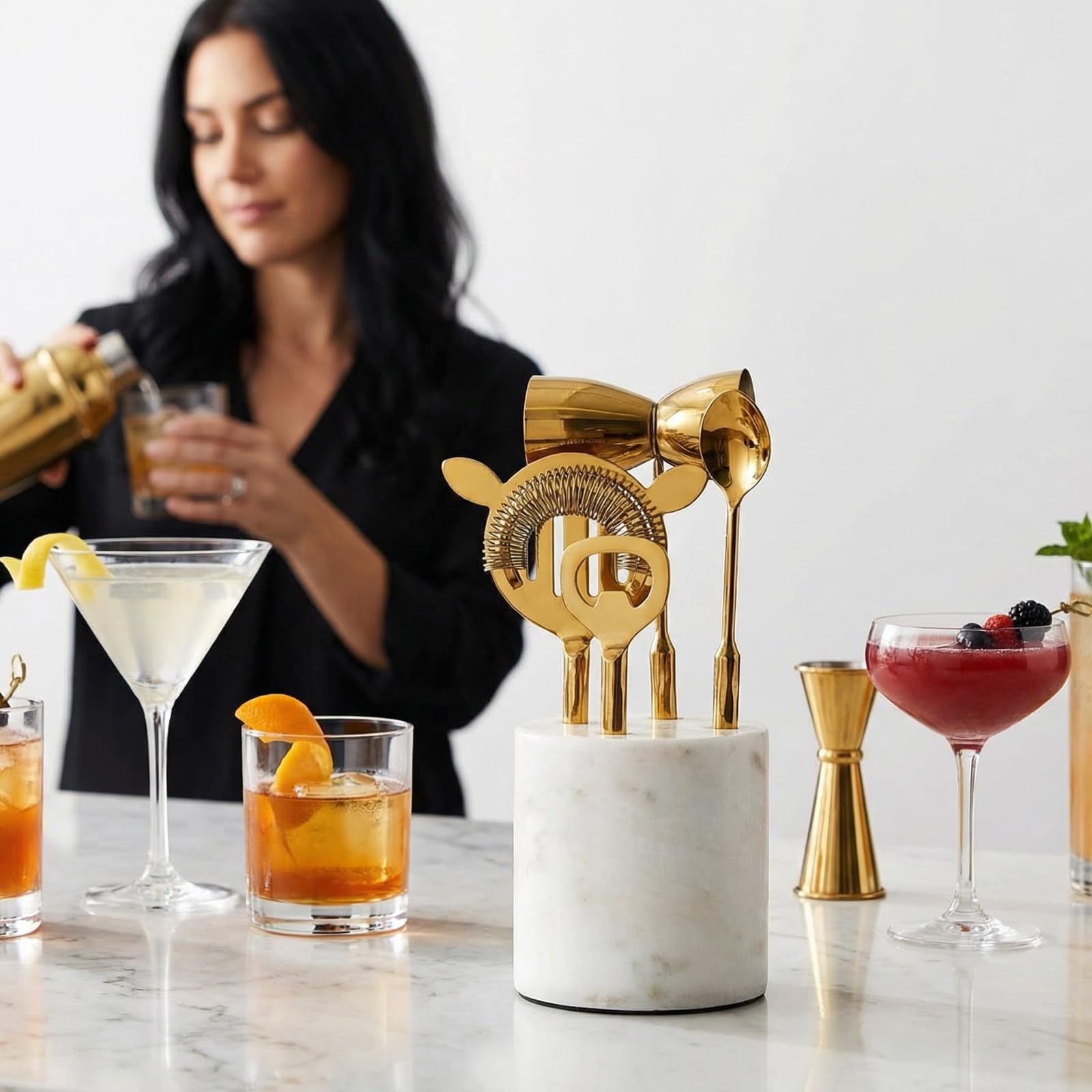 Gold &amp; Marble Cocktail Bar Tool Set - 5 Piece
