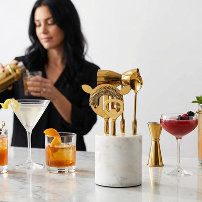 Gold &amp; Marble Cocktail Bar Tool Set - 5 Piece