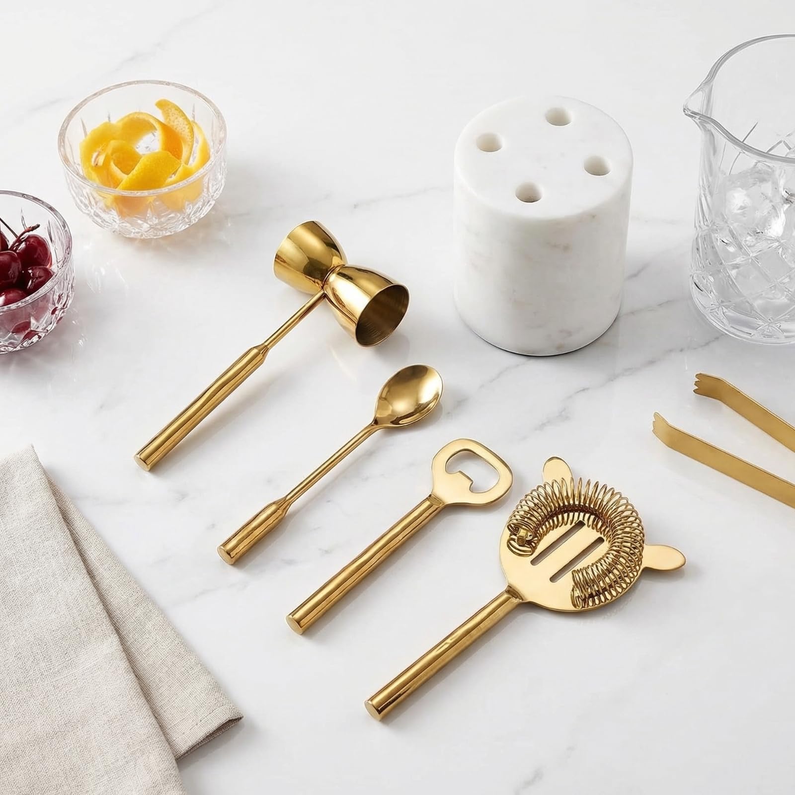 Gold &amp; Marble Cocktail Bar Tool Set - 5 Piece