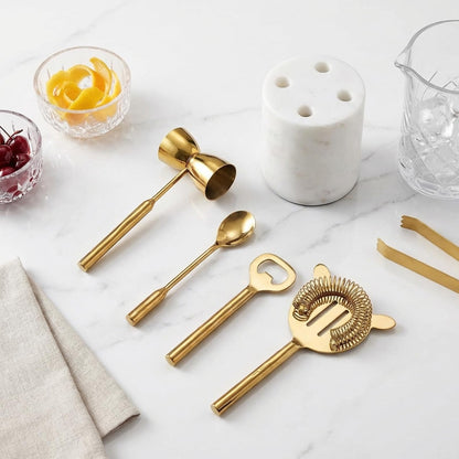 Gold &amp; Marble Cocktail Bar Tool Set - 5 Piece