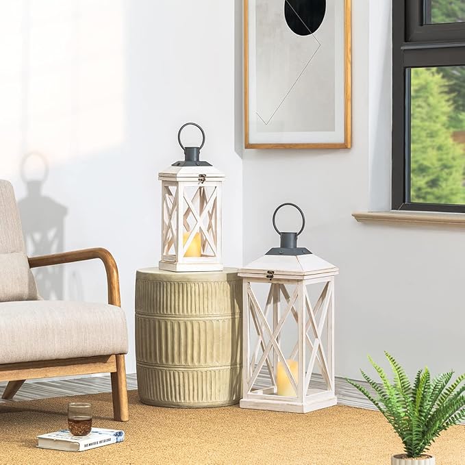 Set of 2 Modern Farmhouse Wooden Outdoor Lanterns - White (No Glass)