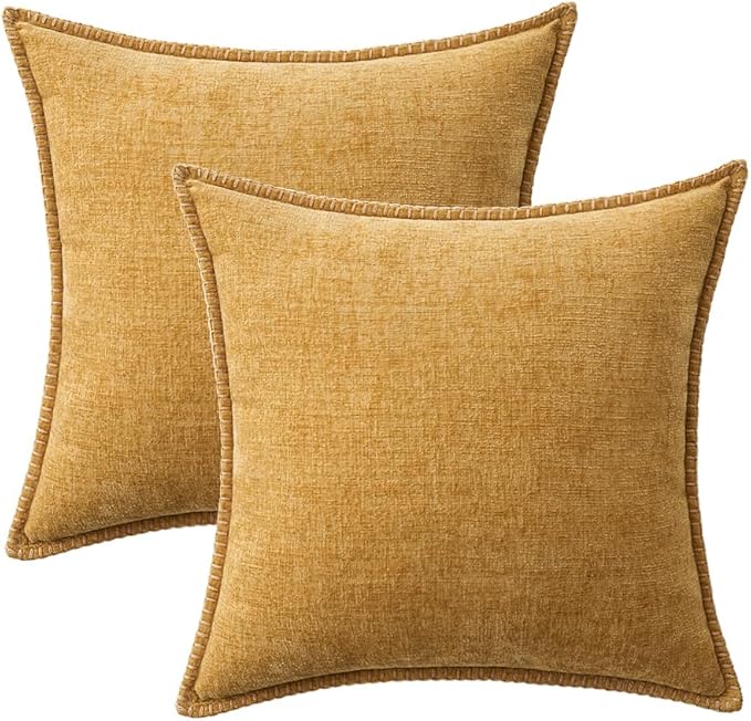 2 Pc Stitched Edge Soft Chenille Pillow Covers - 20 x 20 inch, Gold