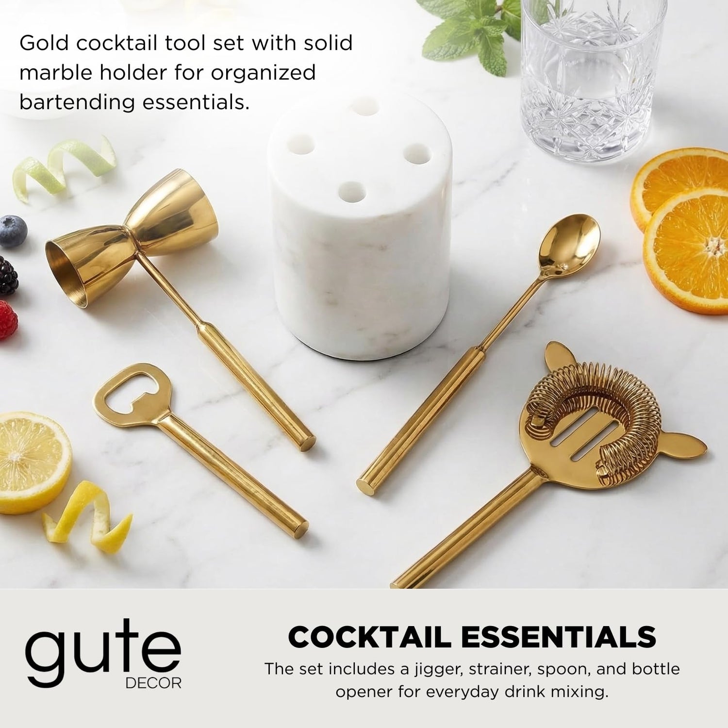 Gold &amp; Marble Cocktail Bar Tool Set - 5 Piece