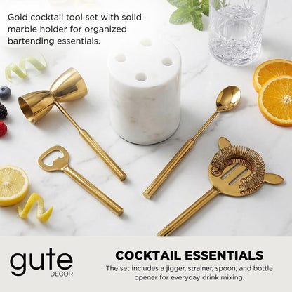 Gold &amp; Marble Cocktail Bar Tool Set - 5 Piece