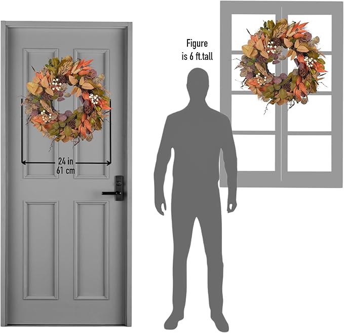 24" Fall Wreath - Handmade with Autumn Leaves, Pinecones, Berries and Wheat