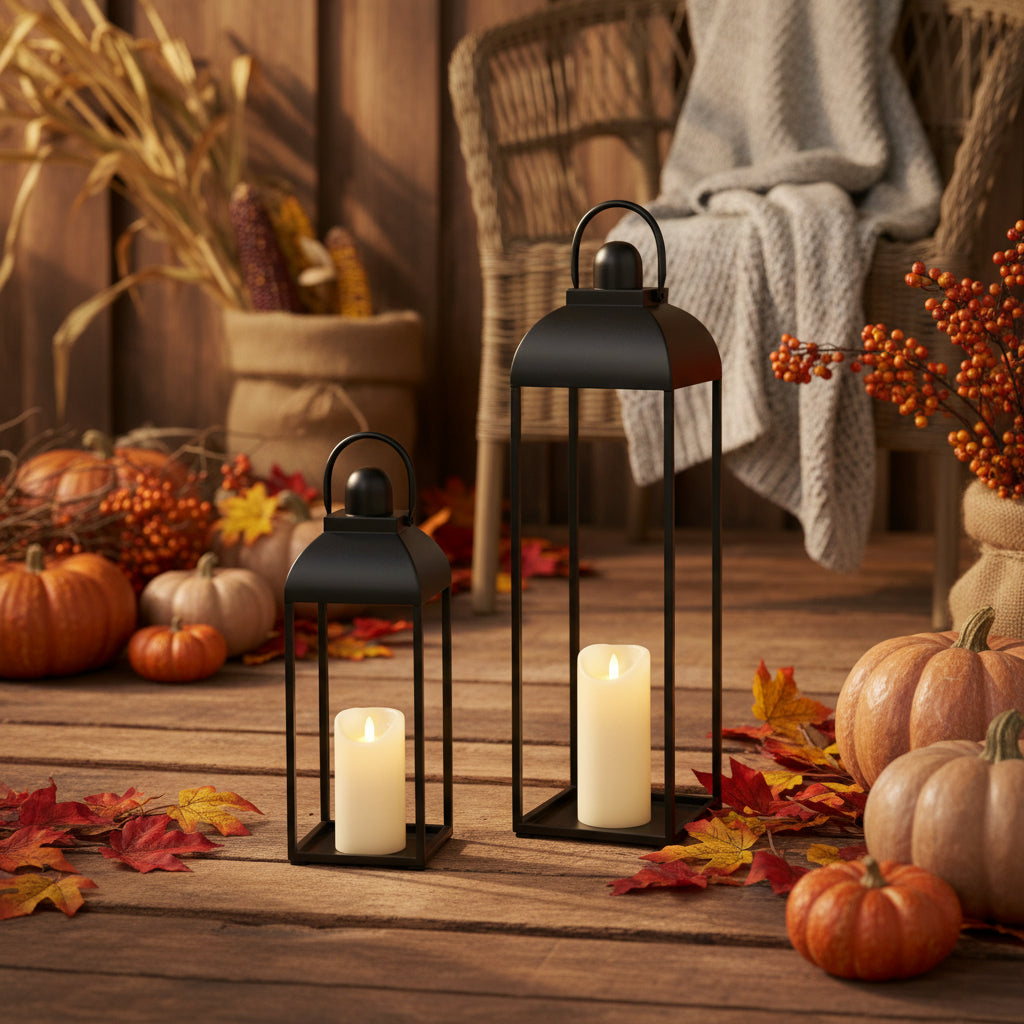 Set of 2 Modern Farmhouse Indoor/Outdoor Black Metal Lanterns