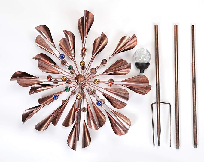 Large Copper Kinetic Wind Spinner - 79 inch with Solar LED Light