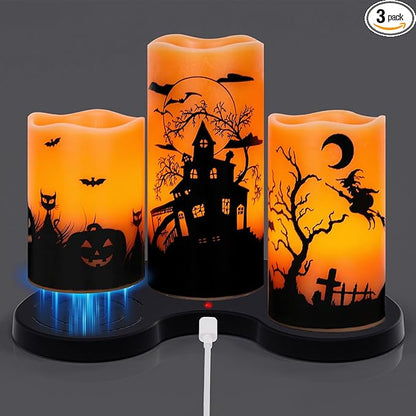 Rechargable Flickering Flameless Candles with Charging Base - Set of 3
