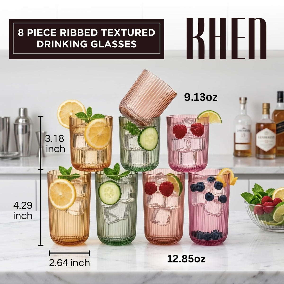 Set of 8 Ribbed Glasses - 4 Highball Glasses &amp; 4 Lowball