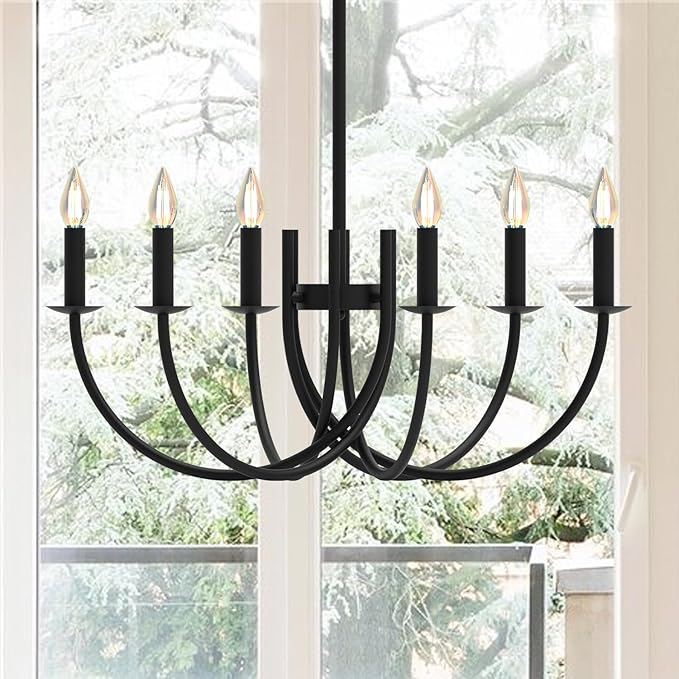 Deep Curved Black Round Candlabra Chandelier - 6 Lights