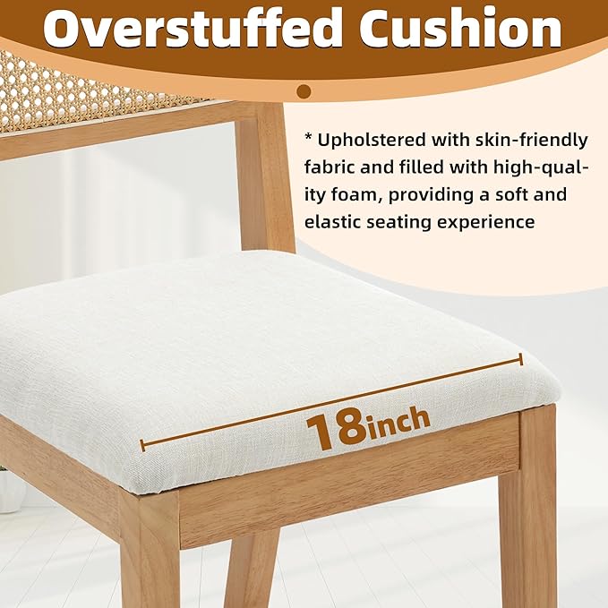 Rattan Dining Room Chairs with Upholstered Cushion, Natural Finish- Set of 6