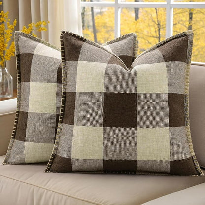 Set of 2 Buffalo Plaid Check Throw Pillow Covers -  22x22, Brown
