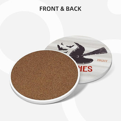 6 Piece Set Halloween Ceramic Drink Coasters with Metal Holder and Cork Base