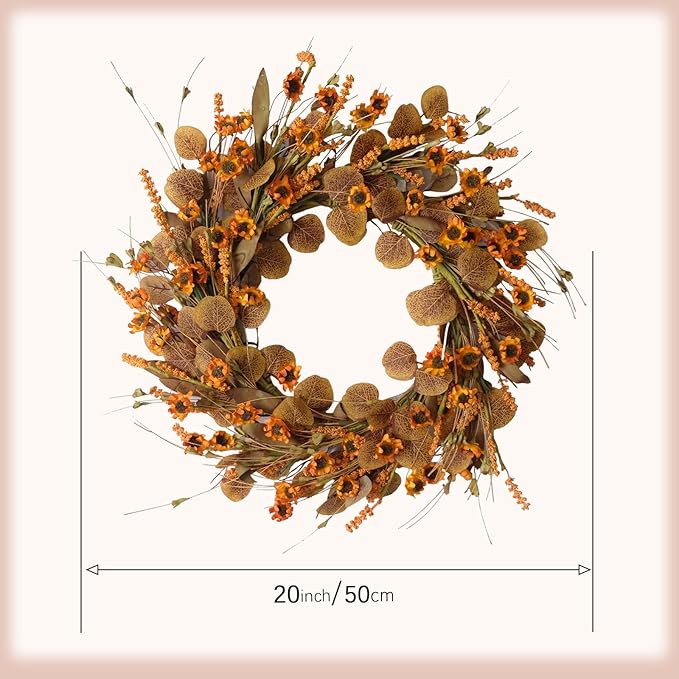 22 Inch Fall Wreath with Eucalyptus Leaves &amp; Wild Flowers