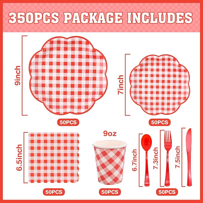 350 Pcs Red Gingham Plates and Napkins Party Supplies