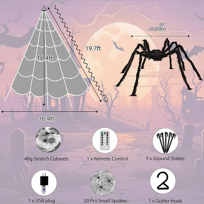 Halloween LED Lighted Spider Web - 16.4 ft Giant Halloween Decoration with 8 Lighting Modes, Orange &amp; Purple