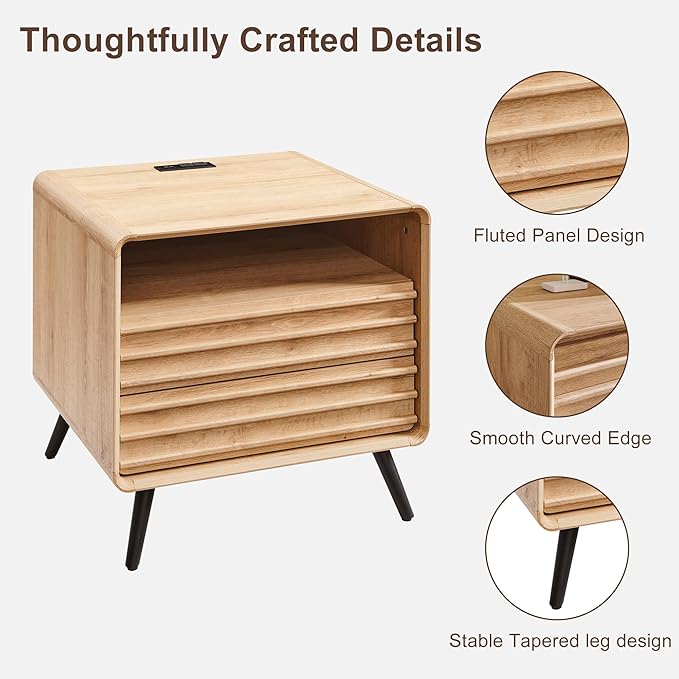 Set of 2 Mid Century Modern Fluted Nightstands in Natural Oak