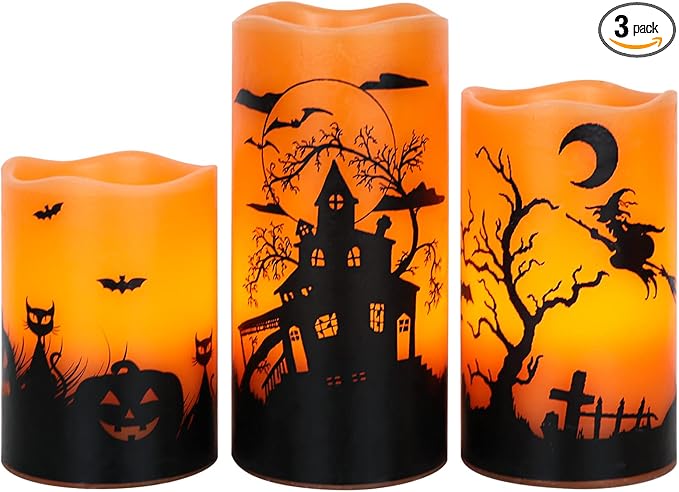 Flickering Flameless LED Candles with Timer - Set of 3, Halloween Scenes