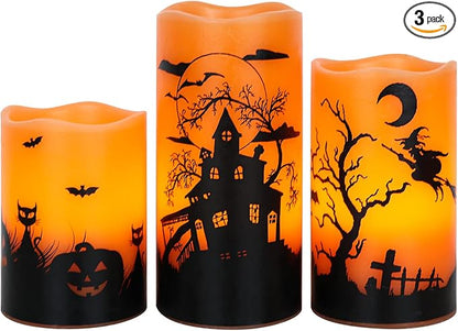 Flickering Flameless LED Candles with Timer - Set of 3, Halloween Scenes