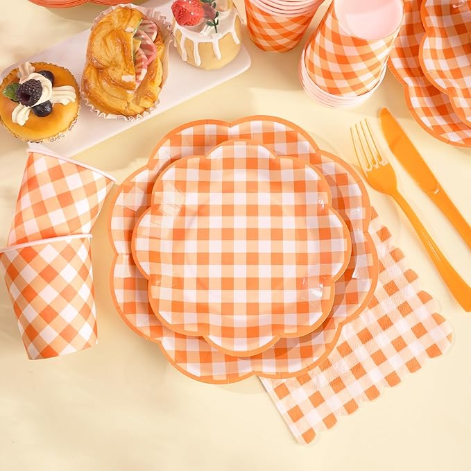 350 Pcs Orange and White Gingham Party Supplies - Serves 50