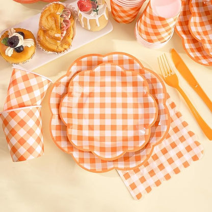 350 Pcs Orange and White Gingham Party Supplies - Serves 50