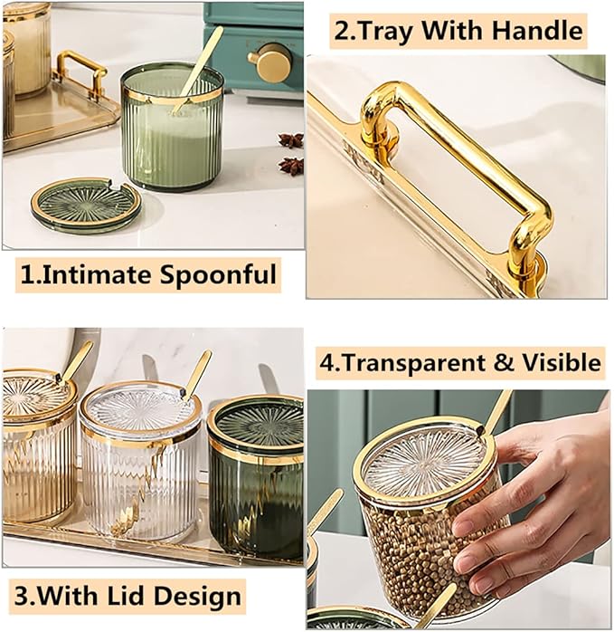 Acrylic Condiment Spice Jars with Lids, Spoons, Tray - Clear