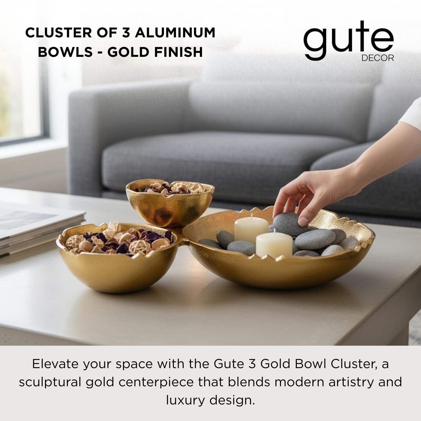 3 Cluster Decorative Bowls - Bright Gold Brass