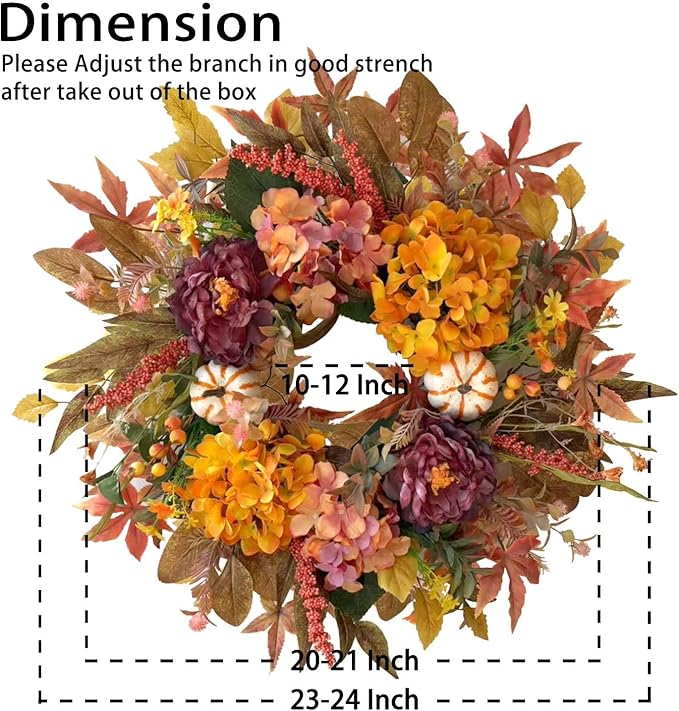 24 Inch Fall Wreath with Hydrangea,Peony and White Pumpkins