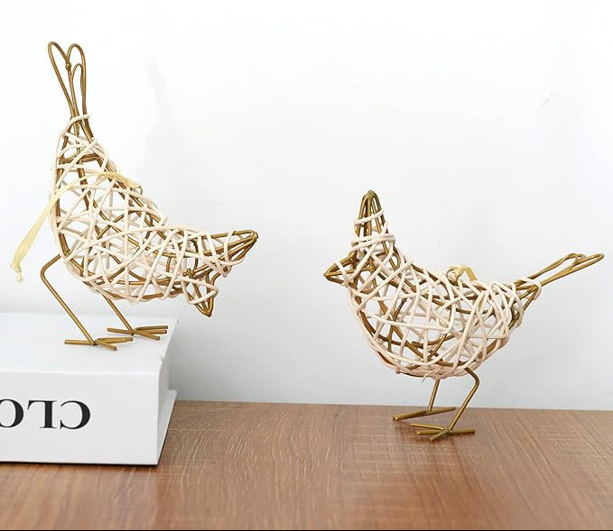 Woven Bird Duo - Metal &amp; Rattan Tabletop Sculptures/Card Holders/Hanging Ornaments - Set of 2