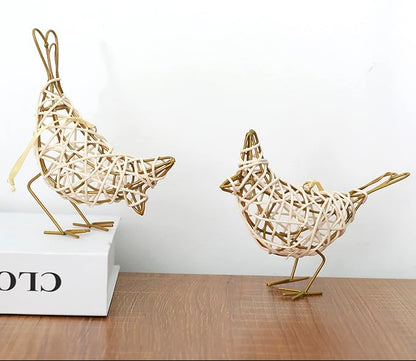Woven Bird Duo - Metal &amp; Rattan Tabletop Sculptures/Card Holders/Hanging Ornaments - Set of 2