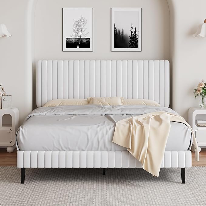 Queen Size Velvet Upholstered Platform Bed in White