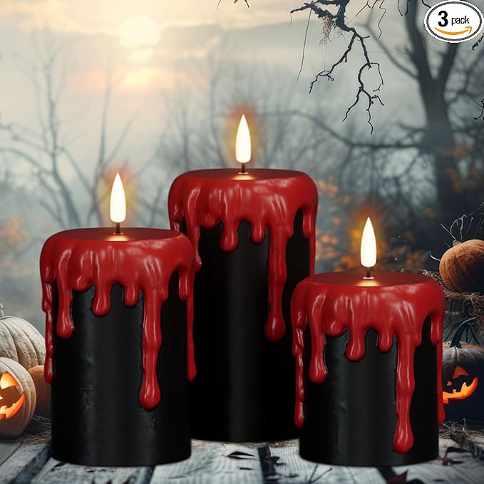 Set of 3 Halloween Flameless Candles with 6H Timer - Black/Red