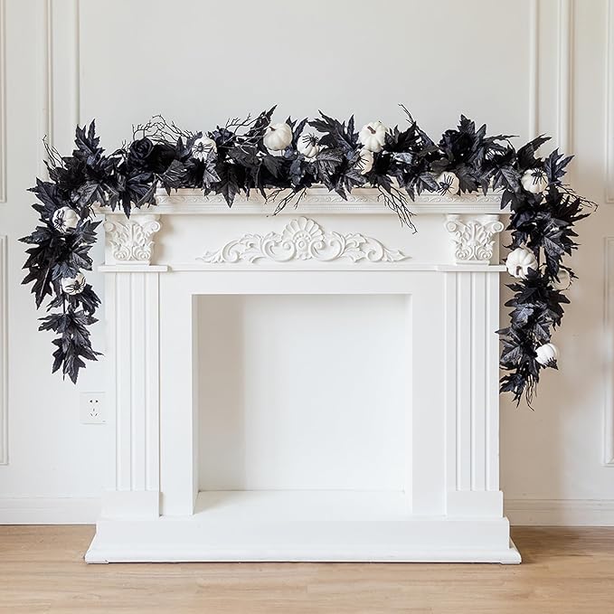 Black Maple Leaf Garland w/ White Pumpkins and Creepy Black Spiders