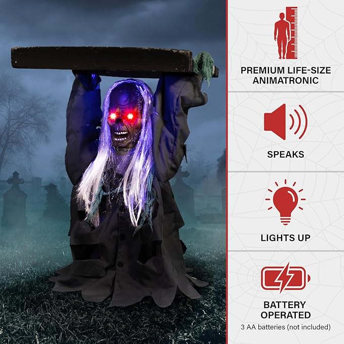 Creepy Sound Activated Animatronic Zombie with Sound Effects and Lights for Indoor (or Covered) Outdoor Halloween Decoration