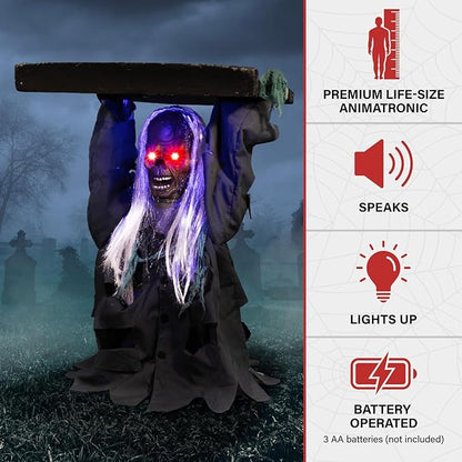 Creepy Sound Activated Animatronic Zombie with Sound Effects and Lights for Indoor (or Covered) Outdoor Halloween Decoration