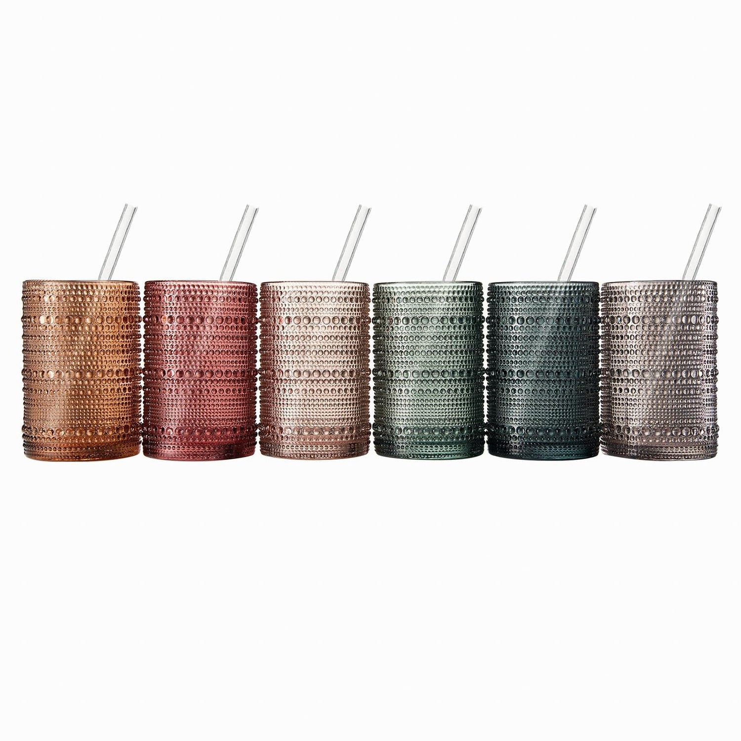 Khen Hobnail Drinking Glasses with Straws | Muted Colors | Set of 6