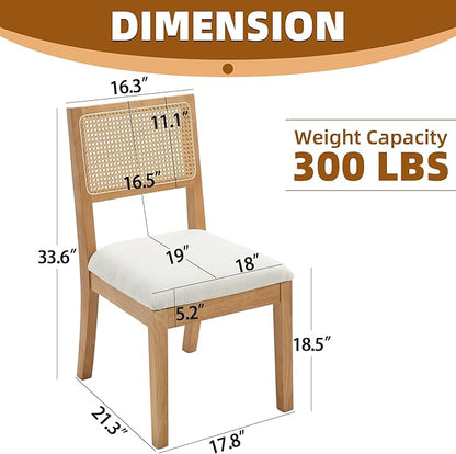 Natural Rattan Dining Chairs - Set of 2, Farmhouse Natural Dining Room Chairs with Upholstered Cushion, Wood Armless Chairs for Kitchen/Restaurant