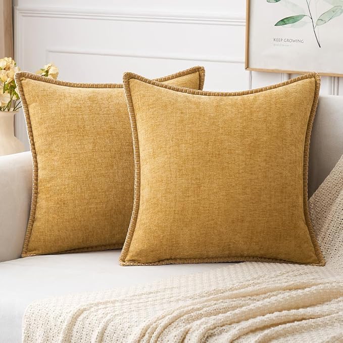 2 Pc Stitched Edge Soft Chenille Pillow Covers - 20 x 20 inch, Gold