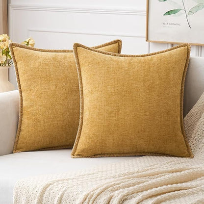 2 Pc Stitched Edge Soft Chenille Pillow Covers - 20 x 20 inch, Gold