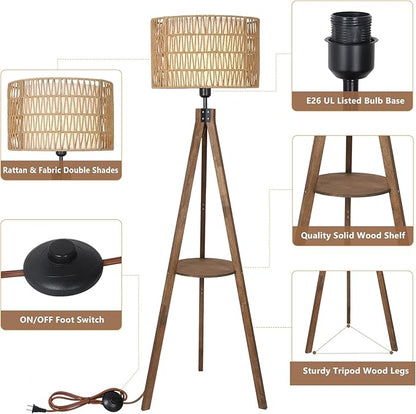 Modern Farmhouse Tripod Floor Lamp with Shelf