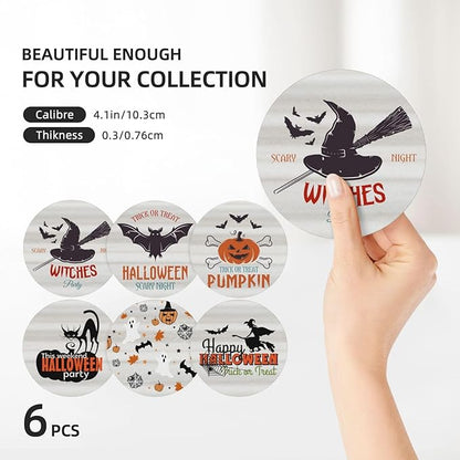 6 Piece Set Halloween Ceramic Drink Coasters with Metal Holder and Cork Base