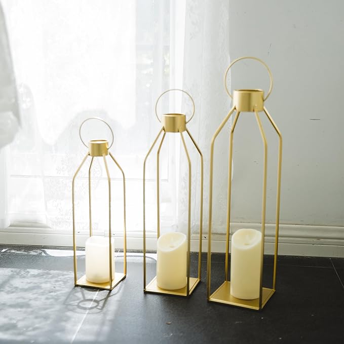 Set of 3 Modern Farmhouse Lanterns - Gold with Flickering Candles